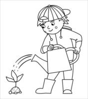 Vektor-Schwarz-Weiß-Junge Bewässerung Pflanze Illustration. süßes Umrisskind, das Gartenarbeit macht. Spring Line Gartenarbeit Bild oder Malvorlage vektor