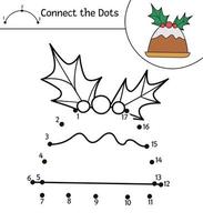 vektor jul prick-till-prick och färgaktivitet med söt efterrätt. vintersemester koppla ihop prickspelet för barn med körsbärspudding. rolig målarbok för barn med traditionell nyårssymbol.