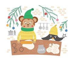 söt julförberedelsesscen med apa och pingvin som bakar kakor. vinter illustration med djur. rolig kortdesign. nyårstryck med leende karaktärer vektor