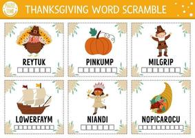 Vektor Thanksgiving-Wort-Scramble-Aktivitätskarten. Englisches Sprachspiel mit süßem Truthahn, Kürbis, Pilger für Kinder. Herbst-Herbst-Urlaub-Familien-Quiz. einfaches pädagogisches druckbares arbeitsblatt.