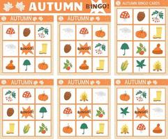 Vektor-Herbst-Bingo-Karten-Set. lustiges Familien-Lotto-Brettspiel mit süßem Kürbis, Pilz, Regenschirm für Kinder. fallen saisonale Lotterieaktivitäten. einfaches pädagogisches druckbares arbeitsblatt. vektor