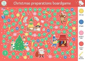 Weihnachtsbrettspiel für Kinder mit süßen Tieren und Weihnachtsmann. pädagogisches Brettspiel mit Tannenbaum, Schornstein, Keksen. Arbeitsblatt zur Urlaubsvorbereitung. lustige winter druckbare aktivität. vektor