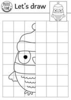 komplettera uggla bilden. vektor skog symmetrisk ritning övning kalkylblad. utskrivbar svartvitt aktivitet för förskolebarn med fågel. kopiera bilden skogsspel