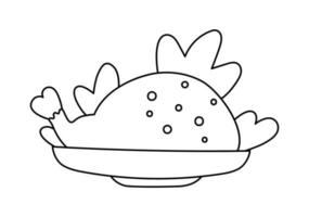 Vektor schwarz-weiß gebratenes Huhn oder Truthahn auf einem Teller. Weihnachten oder Thanksgiving festliches Essen. Feiertagsmahlzeit lokalisiert auf weißem Hintergrund. Symbol für traditionelle Wintergerichte
