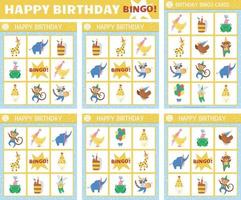 Vektor alles Gute zum Geburtstag Bingo-Karten-Set. lustiges Familien-Lotto-Brettspiel mit süßen Tieren, Luftballons, Kuchen für Kinder. Lotterie-Aktivität der Feiertagsparty. einfaches pädagogisches druckbares arbeitsblatt.
