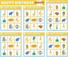 vektor gratulationskort bingo kort set. roligt familjelotto brädspel med söta djur, ballonger, kakor för barn. semesterparty lotteriaktivitet. enkelt pedagogiskt utskrivbart arbetsblad.