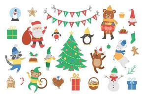 Vektor-Set von Weihnachtselementen mit Weihnachtsmann im roten Hut mit Sack, Hirsch, Tanne, Geschenke isoliert auf weißem Hintergrund. süße lustige flache Illustration für Dekorationen oder Neujahrsdesign. vektor