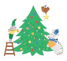 süße Weihnachtsvorbereitungsszene mit Kaninchen, Vogel und Lama, die Tannenbaum schmücken. Winterillustration mit Tieren. lustiges Kartendesign. Neujahrsdruck mit lächelnden Zeichen vektor