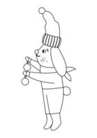 Vektor-schwarz-weißer Hase in Hut und Pullover mit Spielzeug für die Christbaumdekoration. niedliche Wintertierillustration. lustige Weihnachten Symbol Leitung. Neujahrsdruck mit lächelndem Charakter vektor