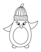 vektor svartvitt pingvin i hatt. söt vinterfågel illustration. rolig julkortdesign. nyår linje ikon med leende karaktär