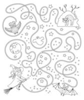 halloween svartvitt labyrint för barn. höstförskola utskrivbar pedagogisk aktivitet. rolig dag med det döda spelet eller målarbok. hjälp häxan komma till hennes kulle vektor
