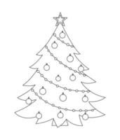 Vektor schwarz-weiß dekorierten Weihnachtsbaum isoliert auf weißem Hintergrund. niedliche lustige Linie Illustration des Symbols des neuen Jahres. Tanne Liniensymbol oder Malseite.