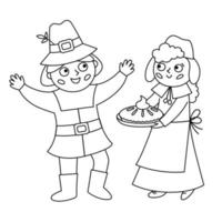 Vektor schwarz-weiß Pilger Mann und Frau isoliert auf weiss. Thanksgiving Day Umrisslinie Zeichen. Herbstsymbol mit den ersten Amerikanern. süße Herbstferien Siedler Illustration