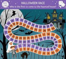 halloween brädspel med skrämmande slott och söta barn. pedagogiskt brädspel med fladdermöss, svart katt, häxa. som är den första som kom till spökhuset skrämmande utskrivbar aktivitet. vektor