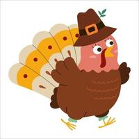 Vektor Thanksgiving-Truthahn im Pilgerhut. Herbst-Vogel-Symbol. Herbstferien laufendes Tier mit hervortretenden Augen auf weißem Hintergrund