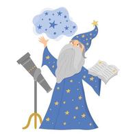 Märchenvektor-Stargazer mit Teleskop, das Zauberbuch hält. Fantasy-Zauberer im hohen Hut isoliert auf weißem Hintergrund. Märchen-Astrologe im blauen Gewand. Cartoon-Magie-Symbol mit süßem Charakter vektor