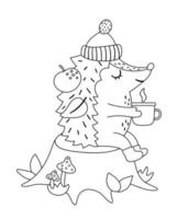 Süßer schwarz-weißer Igel, der mit heißem Tee am Feuer auf dem Stumpf sitzt. Vektor Herbst Umriss Charakter isoliert auf weißem Hintergrund. Herbstsaison Wald Strichzeichnungen Tiersymbol.