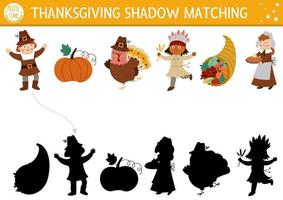 Thanksgiving-Schatten-Matching-Aktivität mit Truthahn, Pilger, Kürbis. Herbstpuzzle mit traditionellen Feiertagssymbolen. Finden Sie ein druckbares Arbeitsblatt oder Spiel mit der richtigen Silhouette. Herbstseite für Kinder vektor