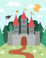 Vektor-Märchenlandschaft mit Schloss auf einem Hügel. Märchen Hintergrund. magisches königreich bild. Landschaft mit mittelalterlichem Palast, Türmen, Fahnen, Bäumen, fliegendem Drachen. Märchenkönigshausillustration vektor