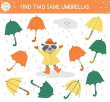 hitta två samma paraplyer. höstmatchningsaktivitet för barn. rolig pedagogisk höstsäsong logisk frågesportblad för barn. enkelt utskrivbart spel med regn, moln och söt tvättbjörn vektor
