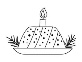 vektor svart och vit julkaka med barrträd och ljus isolerad på vit bakgrund. söt rolig illustration av nyårsbakelse. traditionell vinter dessert linje ikon