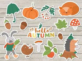 Vektor-Herbst-Aufkleber-Pack. süße Herbstsaison-Symbole für Drucke, Abzeichen. lustige Illustration von Waldtieren, Kürbissen, Pilzen, Blättern, Ernte, Gemüse, Vögeln vektor