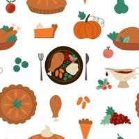 Vektor Thanksgiving nahtlose Muster mit traditionellen Desserts und Gerichten. süßer lustiger Wiederholungshintergrund mit Herbstferienmahlzeit. Herbstfutter digitales Papier mit Truthahn, Kürbiskuchen