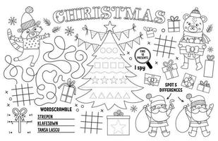 Vektor-Weihnachtstischset für Kinder. Bedruckbare Aktivitätsmatte für den Winterurlaub mit Labyrinth, Tic-Tac-Toe-Diagrammen, verbinde die Punkte, finde den Unterschied. Schwarz-Weiß-Neujahrsspielmatte oder Malvorlage vektor