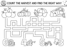 Thanksgiving Schwarz-Weiß-Labyrinth für Kinder. Herbstferienlinie druckbare Zählaktivität. Herbstlabyrinthspiel oder Malseite mit süßem Gemüse, Insekten. zähle die Ernte und finde den Weg vektor