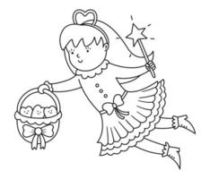 Schwarz-Weiß-fliegende Zahnfee-Vektor-Symbol. Kawaii Umriss Fantasy Prinzessin mit Korb voller lächelnder Zähne. Lustiges Zahnpflegebild für Kinder oder Malvorlagen. zahnarzt baby klinik clipart vektor