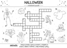 vektor svartvitt halloween korsord för barn. enkel frågesport eller målarbok med alla helgdagens föremål. pedagogisk aktivitet med traditionella läskiga föremål, såsom häxa, spöke, vampyr