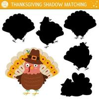 Thanksgiving-Schatten-Matching-Aktivität mit süßen Truthähnen. Herbstferienpuzzle mit traditionellen Vögeln. Finden Sie das richtige Arbeitsblatt oder Spiel zum Ausdrucken der Silhouette. Herbst- oder Bauernhofseite für Kinder vektor