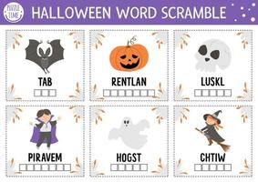 vektor halloween word scramble aktivitetskort. engelskspråkigt spel med söt häxa, lykta, vampyr för barn. höst höstlov familjequiz. enkelt pedagogiskt utskrivbart arbetsblad.