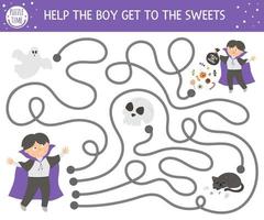 Halloween-Labyrinth für Kinder. druckbare pädagogische Aktivität für den Herbst im Vorschulalter. lustiger Tag des toten Spiels oder Puzzles mit einem Kind, das als Vampir, Geist, Schädel verkleidet ist. hilf dem Jungen an die Süßigkeiten zu kommen vektor
