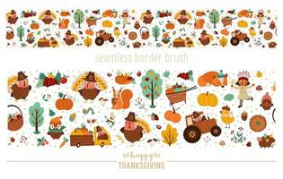 Vektor Thanksgiving nahtlose Musterpinsel. Herbst wiederholen horizontalen Grenzhintergrund mit indianischen Truthahn, Tieren, Ernte, Füllhorn, Kürbissen, Bäumen. Herbstferien digitales Papier