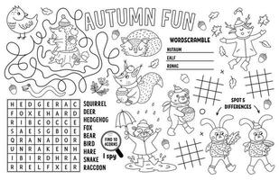 Vektor-Herbst-Tischset für Kinder. Fallen Sie druckbare Aktivitätsmatte mit Labyrinth, Tic-Tac-Toe-Diagrammen, verbinden Sie die Punkte, finden Sie den Unterschied, Kreuzworträtsel. Schwarz-Weiß-Spielteppich oder Malvorlage mit Tieren vektor