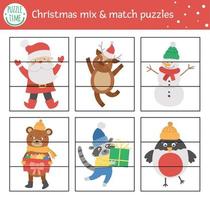 Weihnachts-Mix-and-Match-Puzzle mit traditionellen Feiertagsfiguren. Winter schneiden passende Aktivität für Kinder im Vorschulalter aus. pädagogisches Neujahrsspiel zum ausdrucken für Kinder vektor