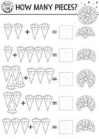 wie viele stücke linienspiel mit süßem kürbiskuchen. Herbst Schwarz-Weiß-Erntedank-Mathe-Additionsaktivität für Kinder im Vorschulalter. druckbares einfaches Zählarbeitsblatt mit Herbstferienessen vektor