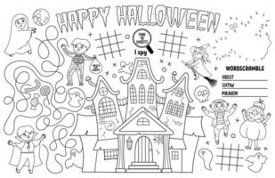 vektor halloween placemat för barn. höstlovs utskrivbar aktivitetsmatta med labyrint, tic tac toe -diagram, anslut prickarna, hitta skillnad. svartvitt höstlekmatta eller målarbok