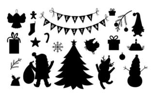 Vektor-Set von schwarzen und weißen Weihnachtssilhouetten mit Weihnachtsmann, Hirsch, Tanne, Geschenke isoliert auf weißem Hintergrund. süße lustige Wintersymbole Illustration für Dekorationen oder Neujahrsdesign.