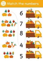 Kombiniere das Zahlenspiel mit Van und Ernte. Herbst-Bauernhof-Mathe-Aktivität für Kinder im Vorschulalter mit süßem Gemüse und Obst. pädagogisches druckbares Arbeitsblatt zum Zählen für Kinder vektor