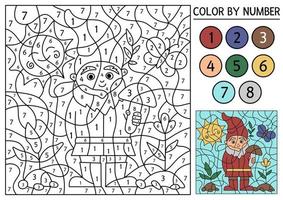 Vektorfrühlingsfarbe nach Zahlenaktivität mit Gnom, Sonne, Babypflanzen und Schmetterling. Gartenzählspiel mit niedlichem Zwerg. Lustige Bauernhof- oder Naturszenen-Malseite für Kinder. vektor