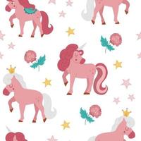 Vektor nahtlose Muster mit rosa Einhorn, Rose, Sternen, Kronen. Märchenprinzessin wiederholen Hintergrund. mädchenhafte Cartoon-Magie-Textur mit Fantasy-Pferden und Blumen