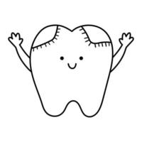 schwarz-weißer Kawaii-Zahn mit Füllung und Händen nach oben. Vektor-Zähne-Linie-Symbol. lustiges zahnpflegebild für kinder. Zahnarztbabyklinik Clipart oder Malvorlage mit Mundhygienekonzept vektor