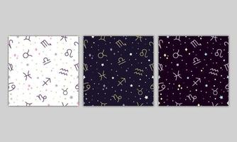 stjärntecken mönster. vektorsamling av astrologi sömlös vit och mörk bakgrund för textil, tapeter. stjärntecken och stjärnor in. vektor