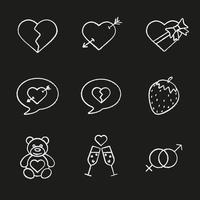 Valentinstag Kreide Icons Set. Herzschmerz, Liebesbotschaften, Sex und erotische Symbole, Champagner, Teddybär, pfeildurchdringendes Herz, Pralinenschachtel. isolierte tafel Vektorgrafiken vektor