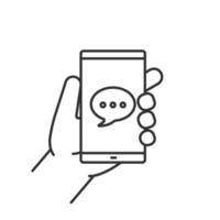 Hand, die lineares Smartphone-Symbol hält. dünne Linie Abbildung. Smartphone mit Chatbox. Kontursymbol. Vektor isolierte Umrisszeichnung