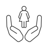 Offene Handflächen mit linearem Symbol der weiblichen Silhouette. Schutz der Frauen. dünne Linie Abbildung. Kontursymbol. Vektor isolierte Umrisszeichnung