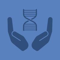 Offene Handflächen mit DNA-Ketten-Glyphen-Farbsymbol. Silhouette-Symbol. genetische Forschung. negativer Raum. isolierte Vektorgrafik vektor