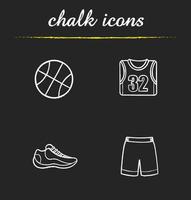 basket krita ikoner set. boll, sko, t-shirt, shorts. basketspelarens uniform. isolerade vektor tavla illustrationer